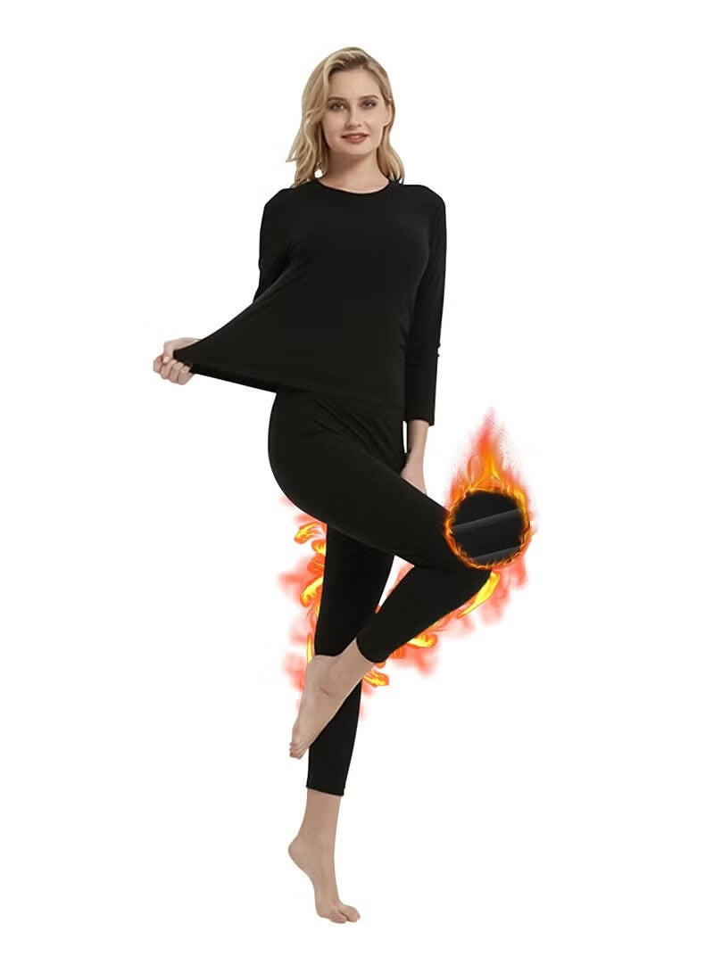 أجريون ملابس داخلية حرارية للنساء مجموعة بيجامة طبقة قاعدة مبطنة بالصوف الطقس البارد (أسود) - Image 2